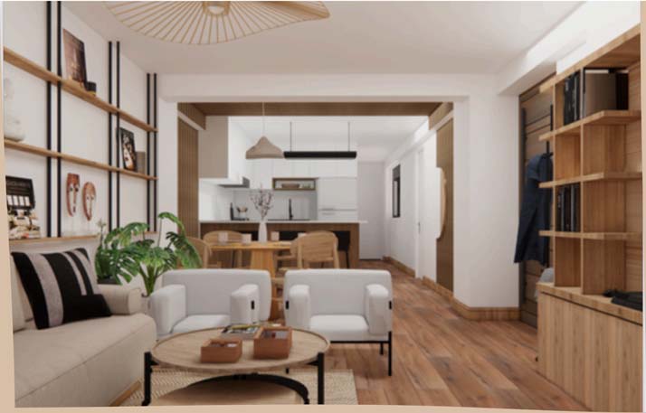 Sala comedor referencial de Ártico 352, con acabados cálidos y luz natural